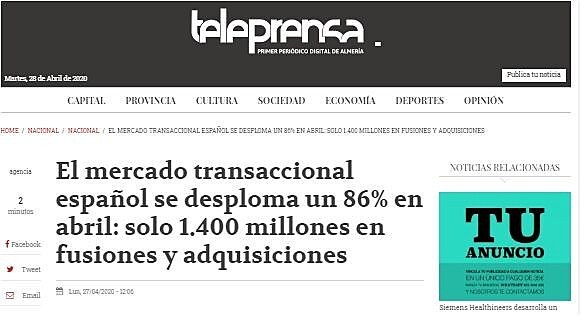 El mercado transaccional espaol se desploma un 86% en abril: solo 1.400 millones en fusiones y adquisiciones